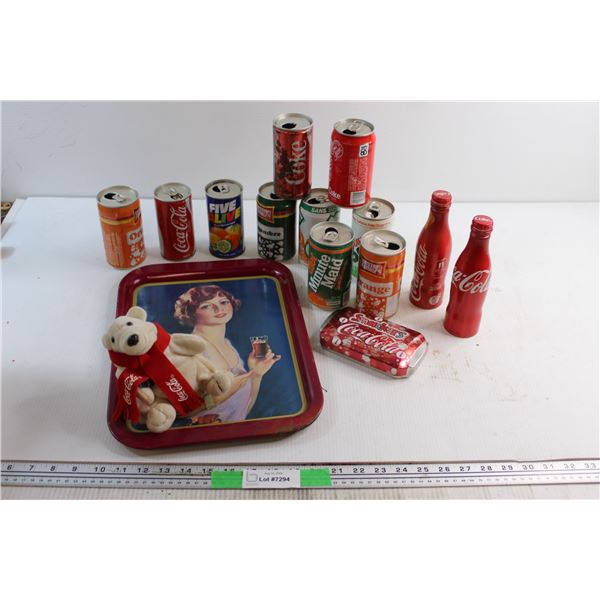 Coca Cola Serving Trays, Assorted Soda Cans and Plush Bear