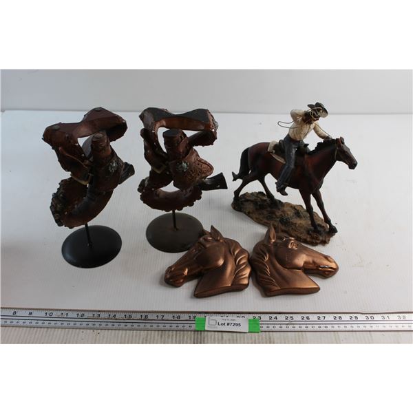 (2) Horse Head Wall Decorations, Cowboy on a Horse Statue and (2) Gunbelt Ornaments - Damaged