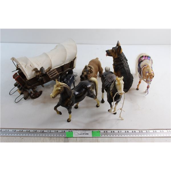 (6) Assorted Animal Figures and Covered Wagon