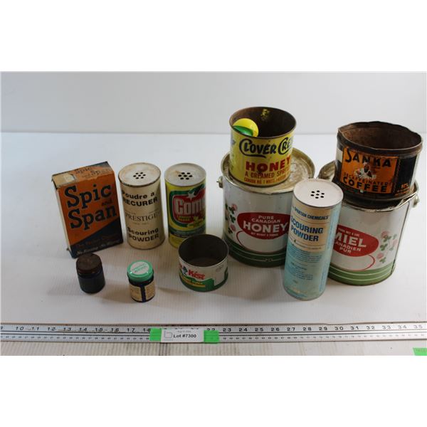 (5) Vintage Tins, (3) Powder Shakers and Assorted Vintage Items