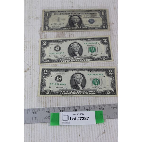 Vintage $1 United States of America Bill, (2) Vintage $2 Dollar United States of America Bills