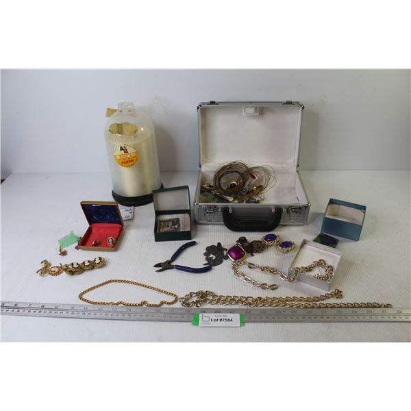 Metal Box - Jewelry Box w/Costume Jewelry - Chains - Spool of Plastic Sewing Thread - Side Cutters