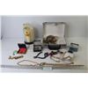 Image 1 : Metal Box - Jewelry Box w/Costume Jewelry - Chains - Spool of Plastic Sewing Thread - Side Cutters