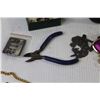 Image 8 : Metal Box - Jewelry Box w/Costume Jewelry - Chains - Spool of Plastic Sewing Thread - Side Cutters