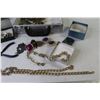 Image 9 : Metal Box - Jewelry Box w/Costume Jewelry - Chains - Spool of Plastic Sewing Thread - Side Cutters