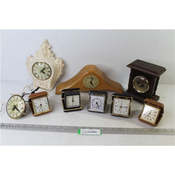 (9) Clocks - Travel Alarm Clocks in Cases - Clock Face - Barometer