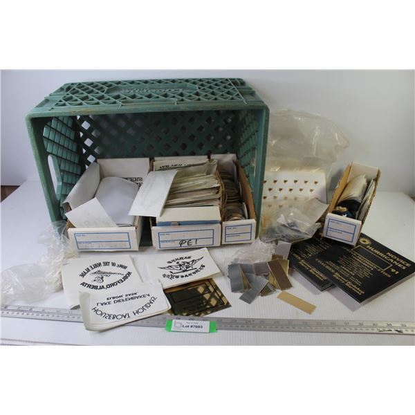 Plastic Crate - Postcards - Herbert Sask Button Pins - Saskatchewan Lilly Stickers - Iron-on Transfe