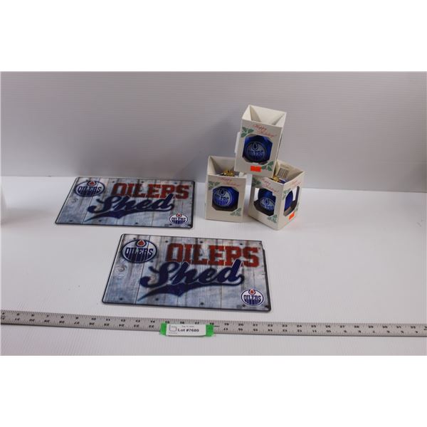 (2) Edmonton Oilers Shed Signs (8"x12") & (3) Edmonton Oilers Christmas Ornaments