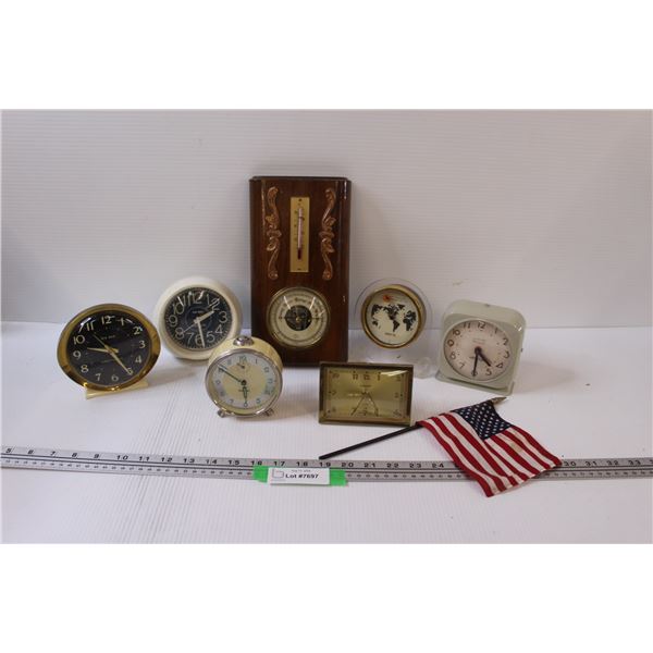 (6) Vintage Clocks & Barometer & American Flag
