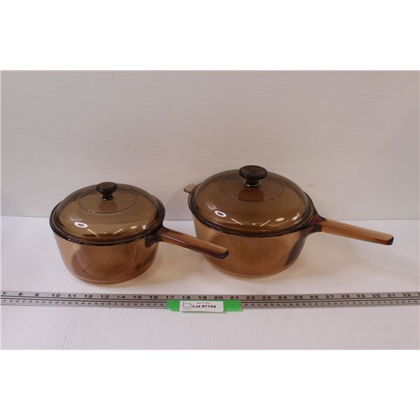 Vision Corning Smoky Glass Pots - 7" & 8" w/Lids (Some Marks)