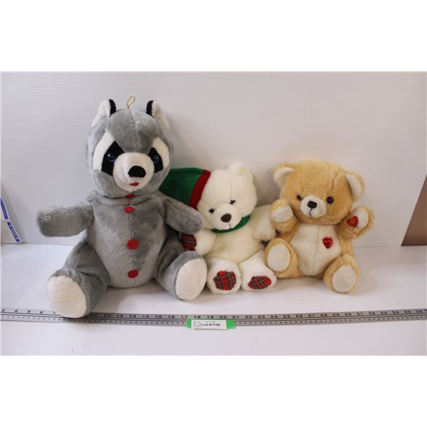 (3) Stuffies: Racoon, (2) Teddy Bears