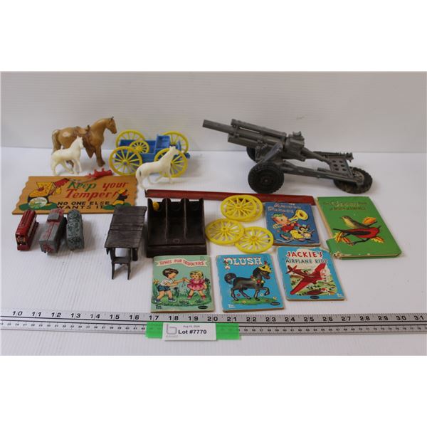 (5) Mini Vintage Kids Books, Cannon toy, Die Cast Bus & Train, Plastic Wagon & Horses, Misc.