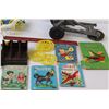 Image 2 : (5) Mini Vintage Kids Books, Cannon toy, Die Cast Bus & Train, Plastic Wagon & Horses, Misc.