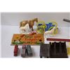 Image 4 : (5) Mini Vintage Kids Books, Cannon toy, Die Cast Bus & Train, Plastic Wagon & Horses, Misc.
