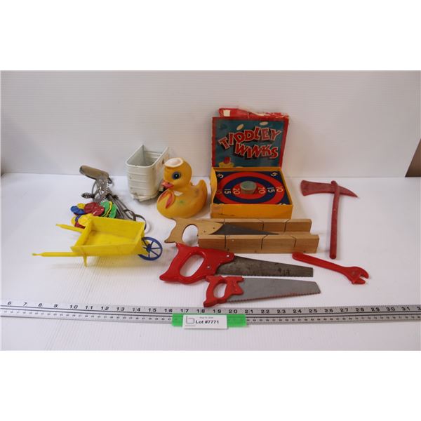 Kids Vintage Toy Lot: Mitre Box & Saws, Rubber Ducky, Tiddly Winks, Wisk, Misc.