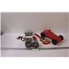 Image 1 : (6) Die Cast Cars, Slinky, (1) Trailer Car , Toy Guitar, Red Plastic Hot Rod Car