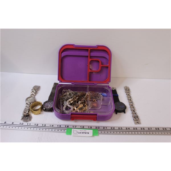 Lot: Watches, Costume Jewelry & Misc. in Lunch Container