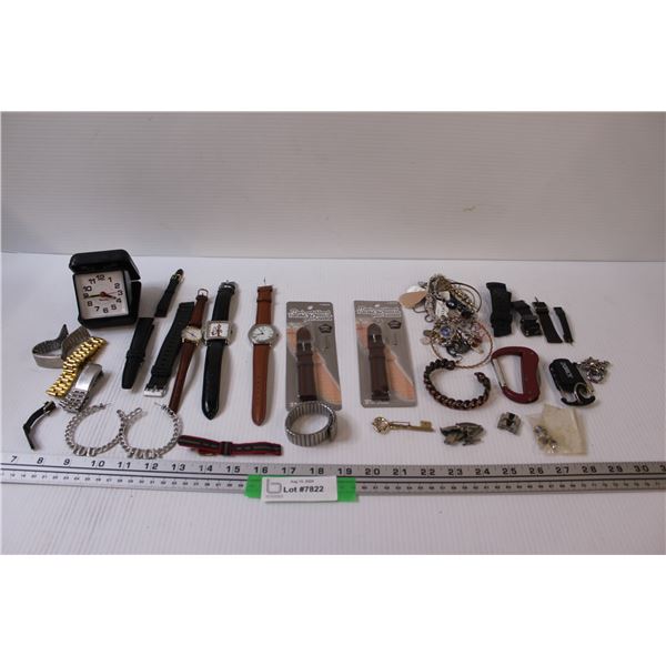 Lot: Watches, Watch Bands, Earrings, End Table Clock, Misc.