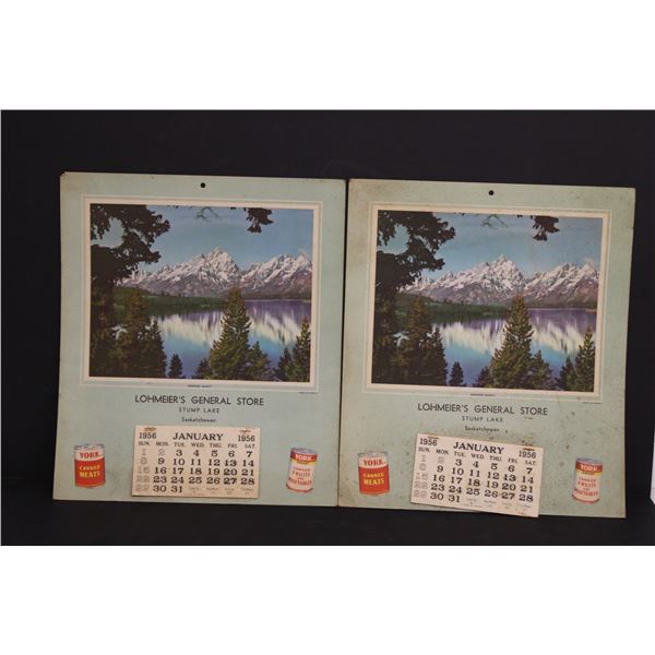 (2) 1956 Lohmeier's General Store Calendars - Stump Lake Sask. - 14.5 x 12.25