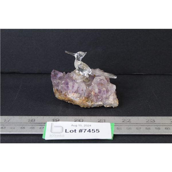 Hand Blown Humming Bird Mounted on Amethyst Crystal