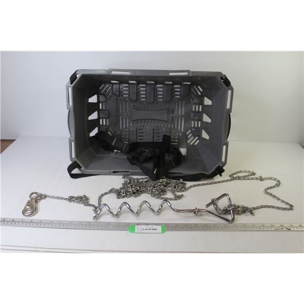 Grey Plastic Basket w/Handles - Dog Screw-in Post w/Chain & Clasp- Strap - Harness