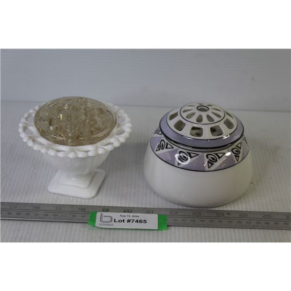 (2) Flower Frogs - Glass on Milk Glass Stand - Ceramic Top & Bottom (bottom has a chip)