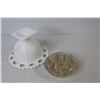 Image 5 : (2) Flower Frogs - Glass on Milk Glass Stand - Ceramic Top & Bottom (bottom has a chip)