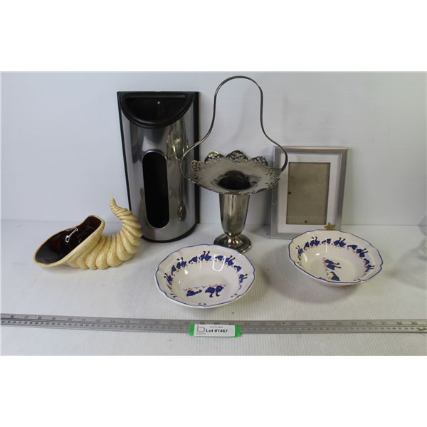 Ceramic Cornucopia - Metal Vase? - Metal Wall Mount Bag Holder - (2) Bowls - Photo Frame