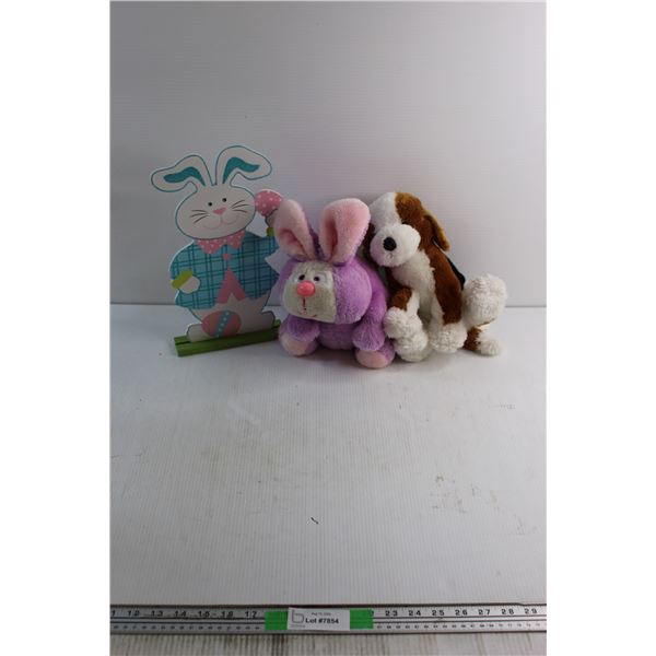 Bunny Decoration Stand and (2) Bunny and Dog Plush Dolls