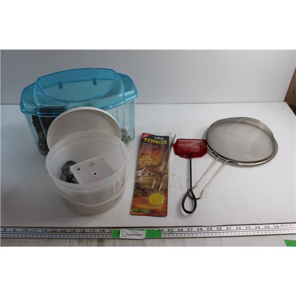 Plastic Aquarium, Strainer, Fish Scoop, Tongs Feeding Tool and Assorted Items