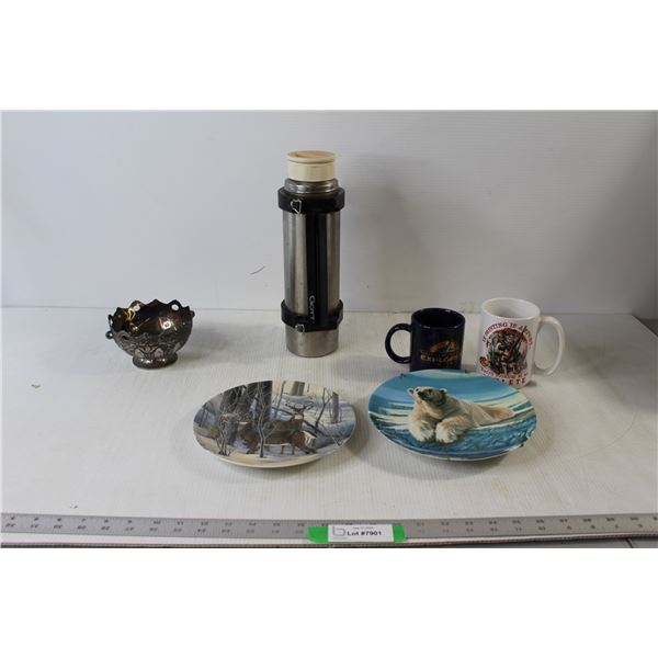 (2) Mugs - Bass Pro Shops , National Geographic, (2) Animal Decorated Plates, Silver Bowl, Gott Ther
