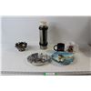 (2) Mugs - Bass Pro Shops , National Geographic, (2) Animal Decorated Plates, Silver Bowl, Gott Ther