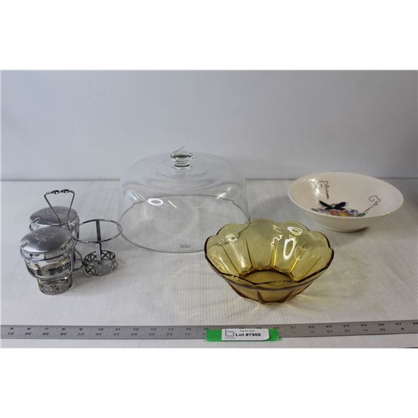 Condiment Set - Missing One, Anchor Hocking Amber Glass Bowl, Fruit Decorated Bowl, Gallerie Glass L