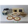 Coffee Pot, (2) Christmas Holiday Bowls, (2) Cross Stitch Art Pieces, Decorative Bowl, (2) Kevin Oak