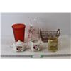 Pyrex Vase, Kernewek Cream and Sugar, Red Glass Vase, Small Floral Decorated Basket, Small Copper Ba