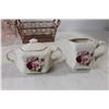 Image 2 : Pyrex Vase, Kernewek Cream and Sugar, Red Glass Vase, Small Floral Decorated Basket, Small Copper Ba