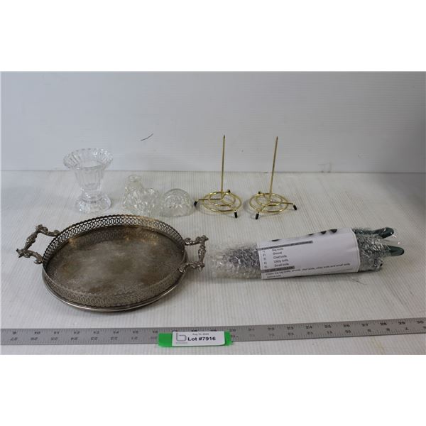Silverware Tray, Kitchen Knife Set, Assorted Glass Candlestick Holders and Pieces, (2) Bill Spikes