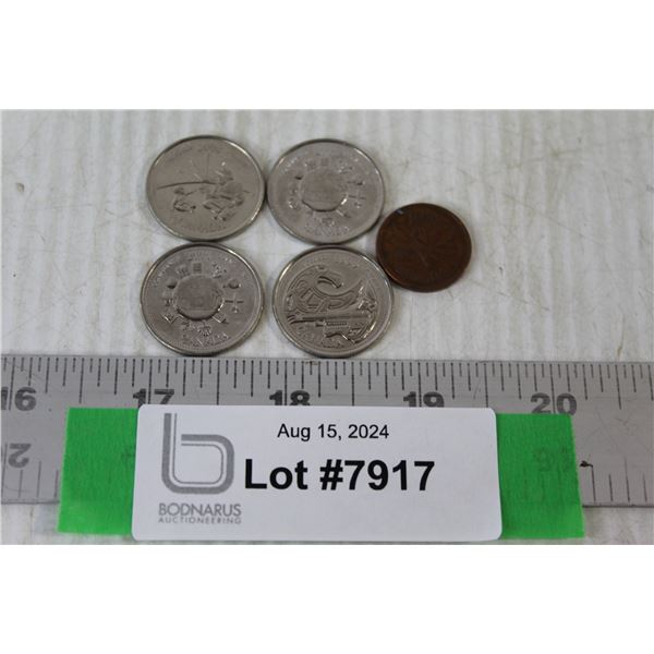 (4) Quarters - (1) 1999, (3) 2000, 1946 Canadian Penny
