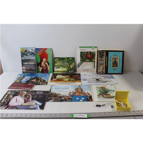 (5) Assorted Calendars, Assorted Books and Cards, Stamps, Set of (2) Playing Card Decks with Notepad