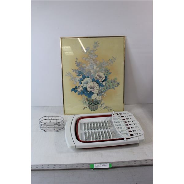 Flower Framed Art - 16 1/4" x 20 1/4", Drainer Rack Drying Dishes Rack, Beekman 1802 Chrome Soap/Lot