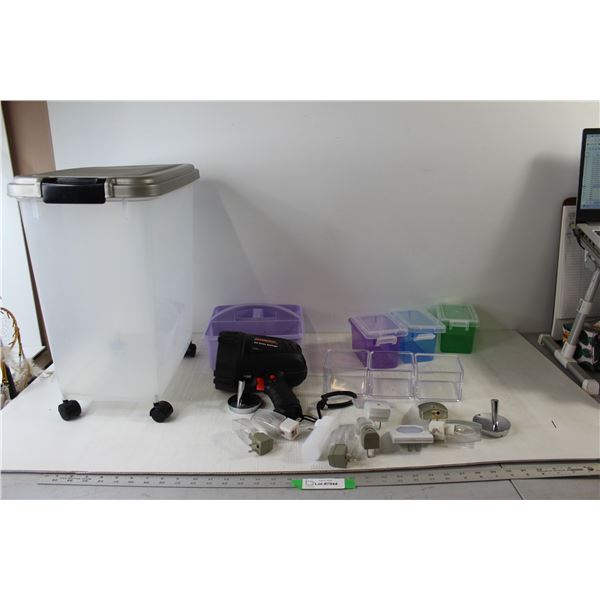 (9) Wall Lamps, (7) Plastic Containers, (2) Bathroom Door Hooks, Motomaster 2M Series Spotlight, Big