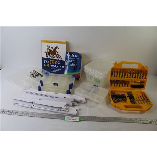 Driver Bit & Drill Set - Assorted Organizer Containers - Shelving Bracket - (2) Books - Joy of Not W