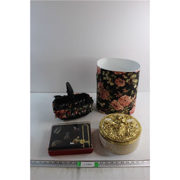 Perfumes, Tin Garbage Can, Decorative Basket and Decorative Tin