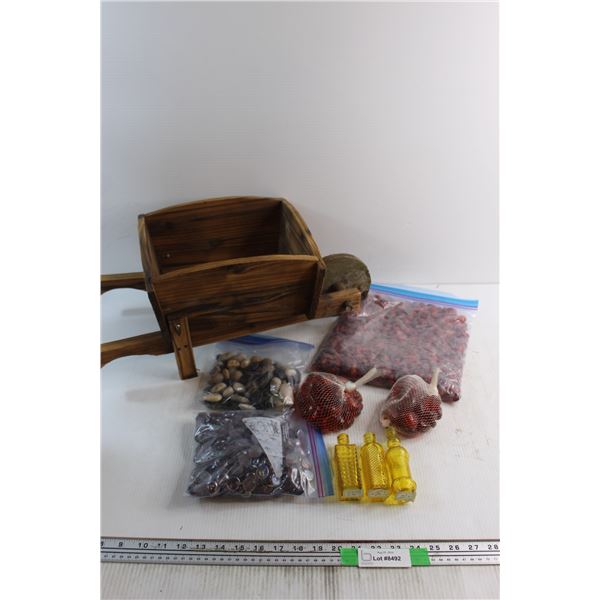 Wooden Wheel Barrel Planter, Decorative Stones and (3) Mini Bottles