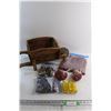 Image 1 : Wooden Wheel Barrel Planter, Decorative Stones and (3) Mini Bottles