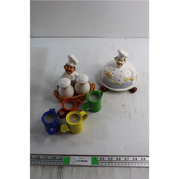 Novelty Butter Dish, (4) Watering Can Shaped Candle Holder and Salt and Pepper Shakers