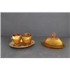 Image 1 : Amber Glass Gilded Diamond Point Set - Butter Dish, Cream and Sugar, and Serving Tray - Chipped