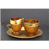 Image 2 : Amber Glass Gilded Diamond Point Set - Butter Dish, Cream and Sugar, and Serving Tray - Chipped