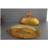 Image 7 : Amber Glass Gilded Diamond Point Set - Butter Dish, Cream and Sugar, and Serving Tray - Chipped