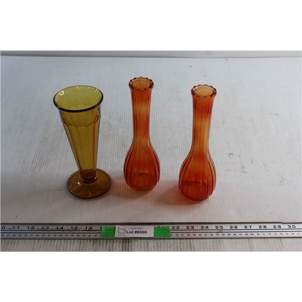(3)  Amber and Orange Glass Vases